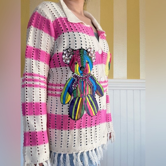 Colorful Striped Cardigan with Bear and Flower Patches - Picture 3 of 6